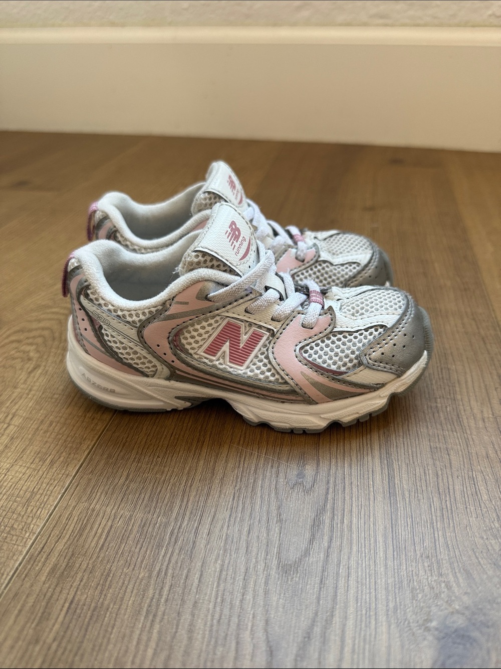 New Balance Kids White, Pink & Silver Athletic Sneakers